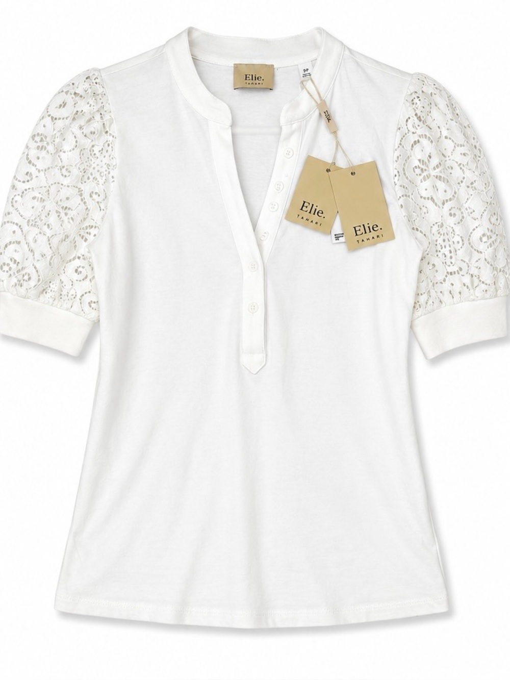 Elie Tahari White Lace Puff Sleeve Cotton Henley Top Women’s Size Small NWT